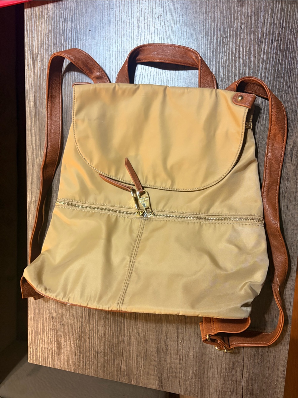 Steve Madden Beige Nylon Crossbody Backpack with Brown Trim